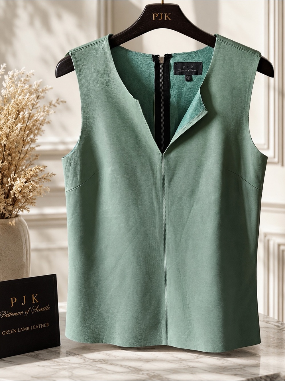 PJK Patterson | Green Lamb Leather Sleeveless Blouse | Sz Small NWOT